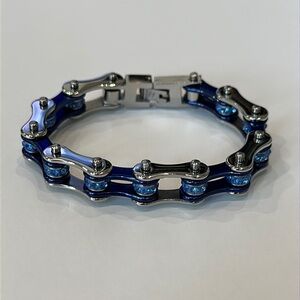 Blue and Silver Bike Chain Bracelet with Blue Stones
